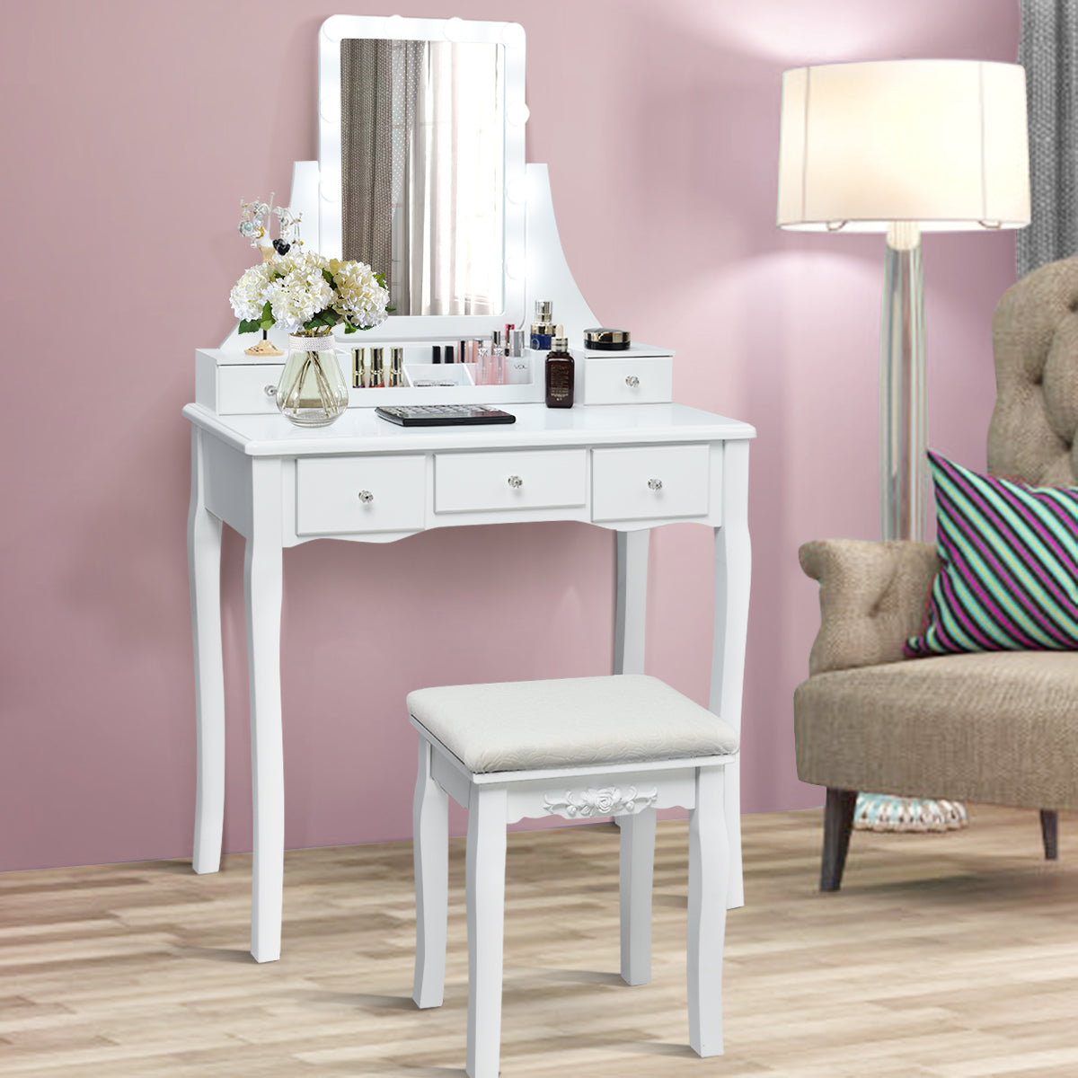Topbuy LED Vanity Table Makeup Dresser Desk w/ Drawers & Cushioned Stool White