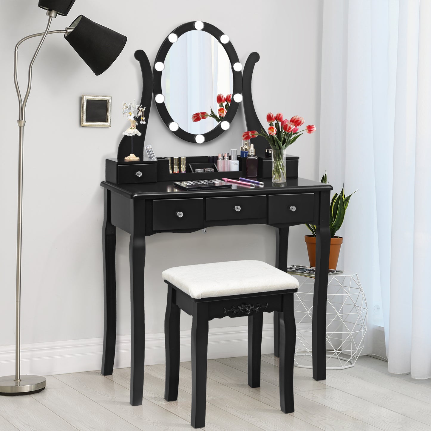 Topbuy Vanity Table Makeup Dresser Desk w/LED Light Drawers & Stool