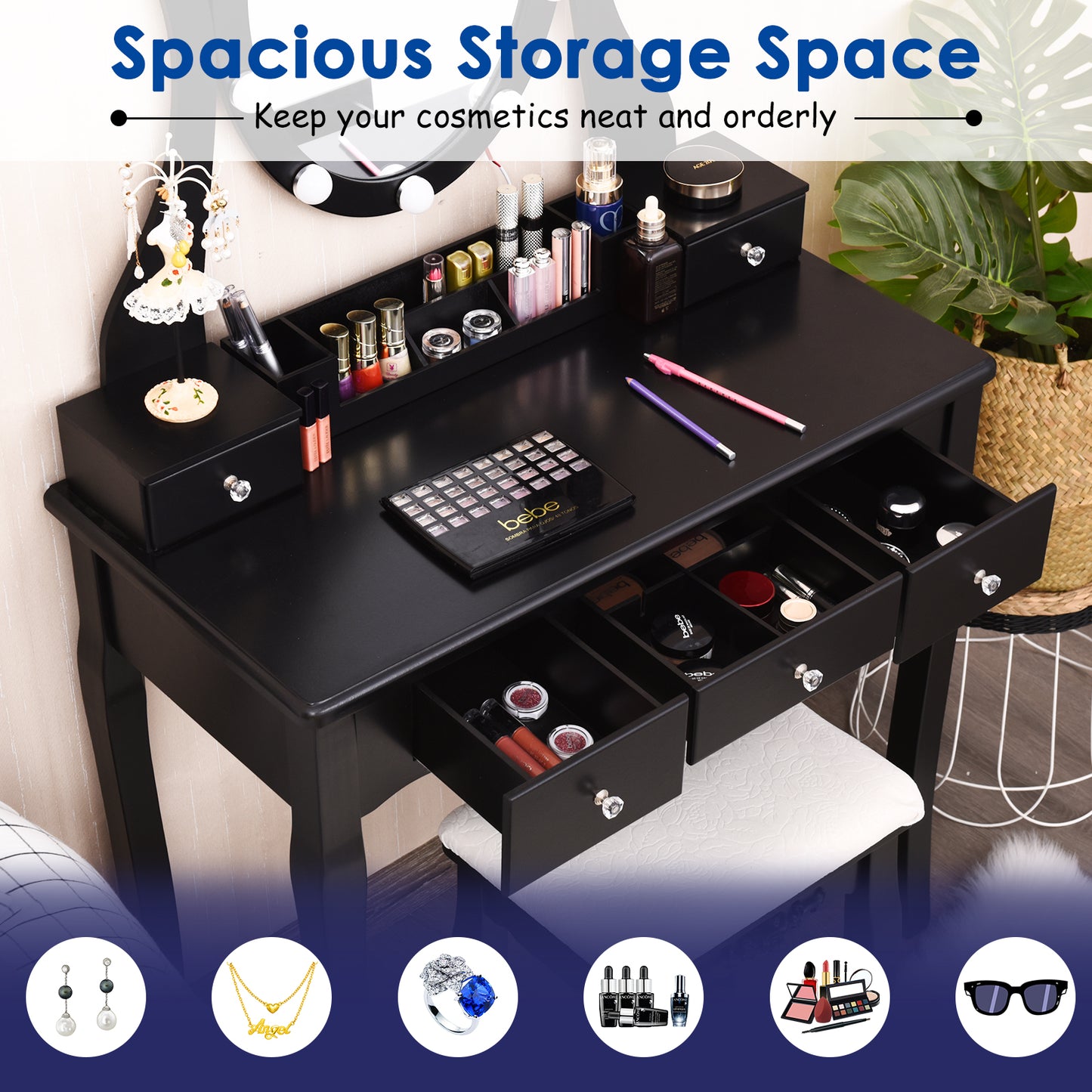 Topbuy Vanity Table Makeup Dresser Desk w/LED Light Drawers & Stool