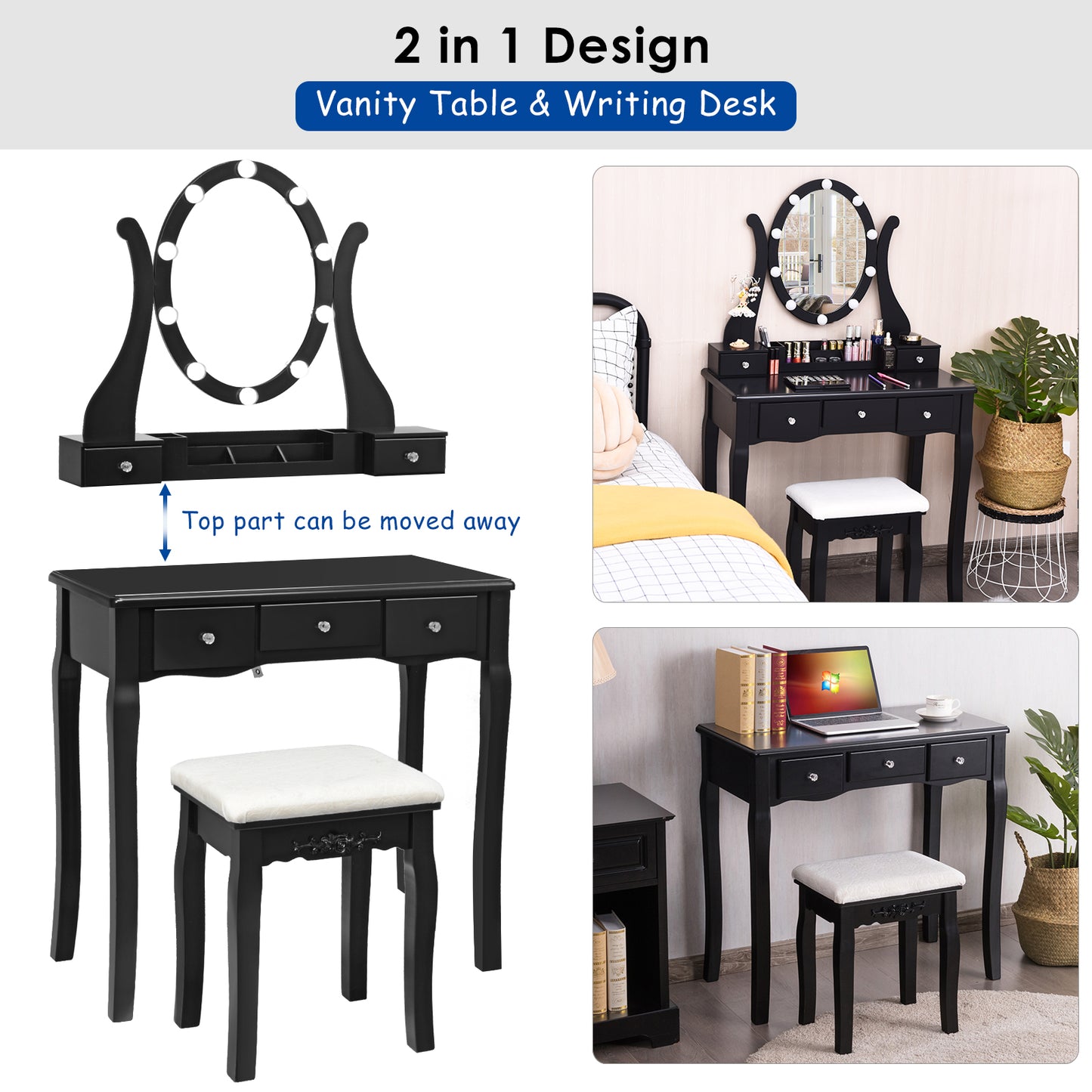Topbuy Vanity Table Makeup Dresser Desk w/LED Light Drawers & Stool
