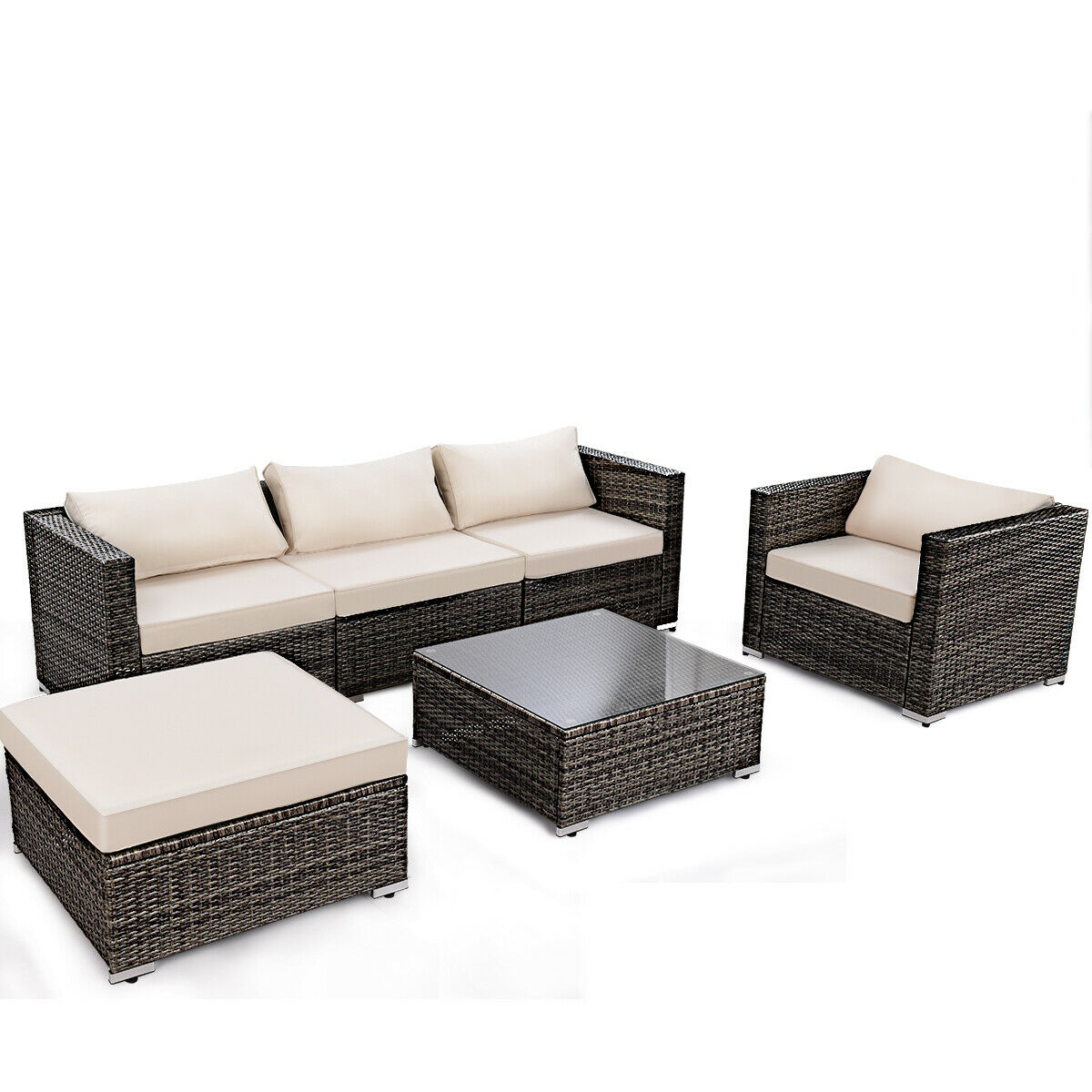 Patiojoy 6 Pieces Patio Rattan Wicker Conversation Sofa Set w/Table and Cushion
