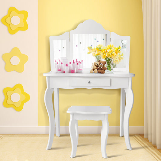 Topbuy Wooden Vanity Table with Triple Folding Mirror & Stool for Kids