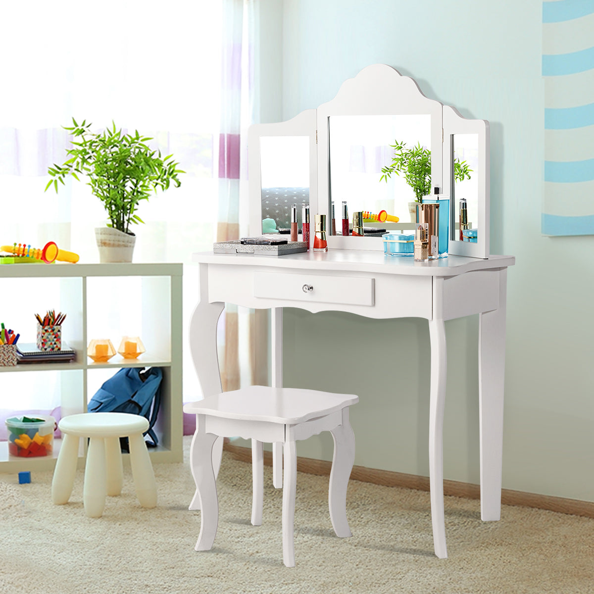 Topbuy Wooden Vanity Table with Triple Folding Mirror & Stool for Kids