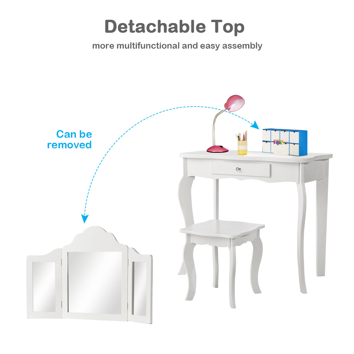 Topbuy Wooden Vanity Table with Triple Folding Mirror & Stool for Kids