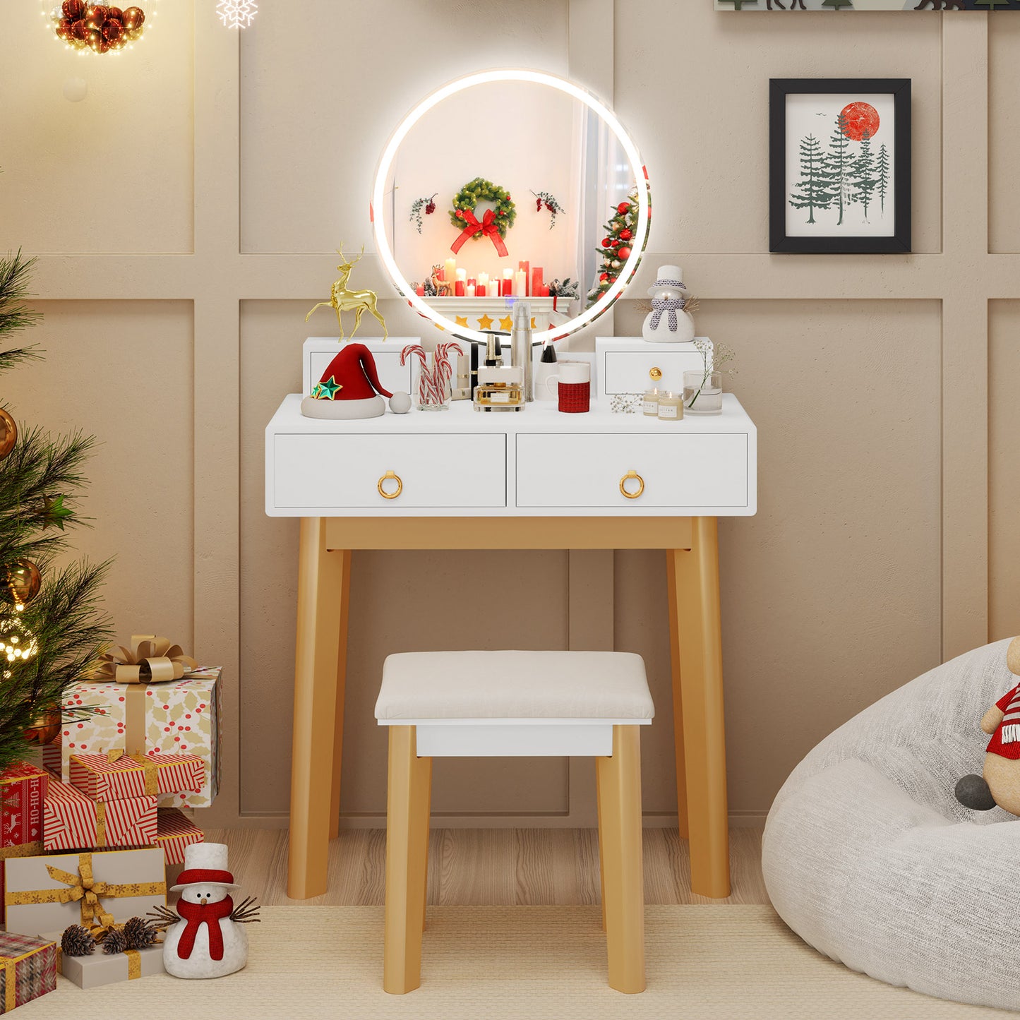 Topbuy Vanity Desk Set with Lighted Mirror Dressing Table with 3-Color LED Lights