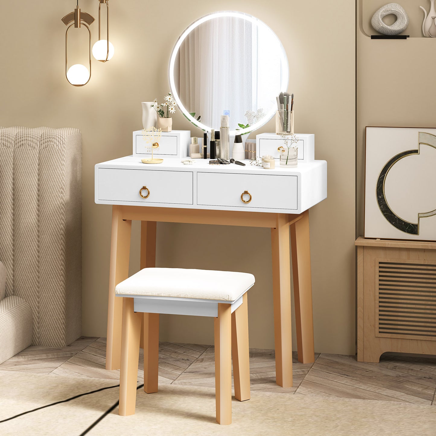 Topbuy Vanity Desk Set with Lighted Mirror Dressing Table with 3-Color LED Lights