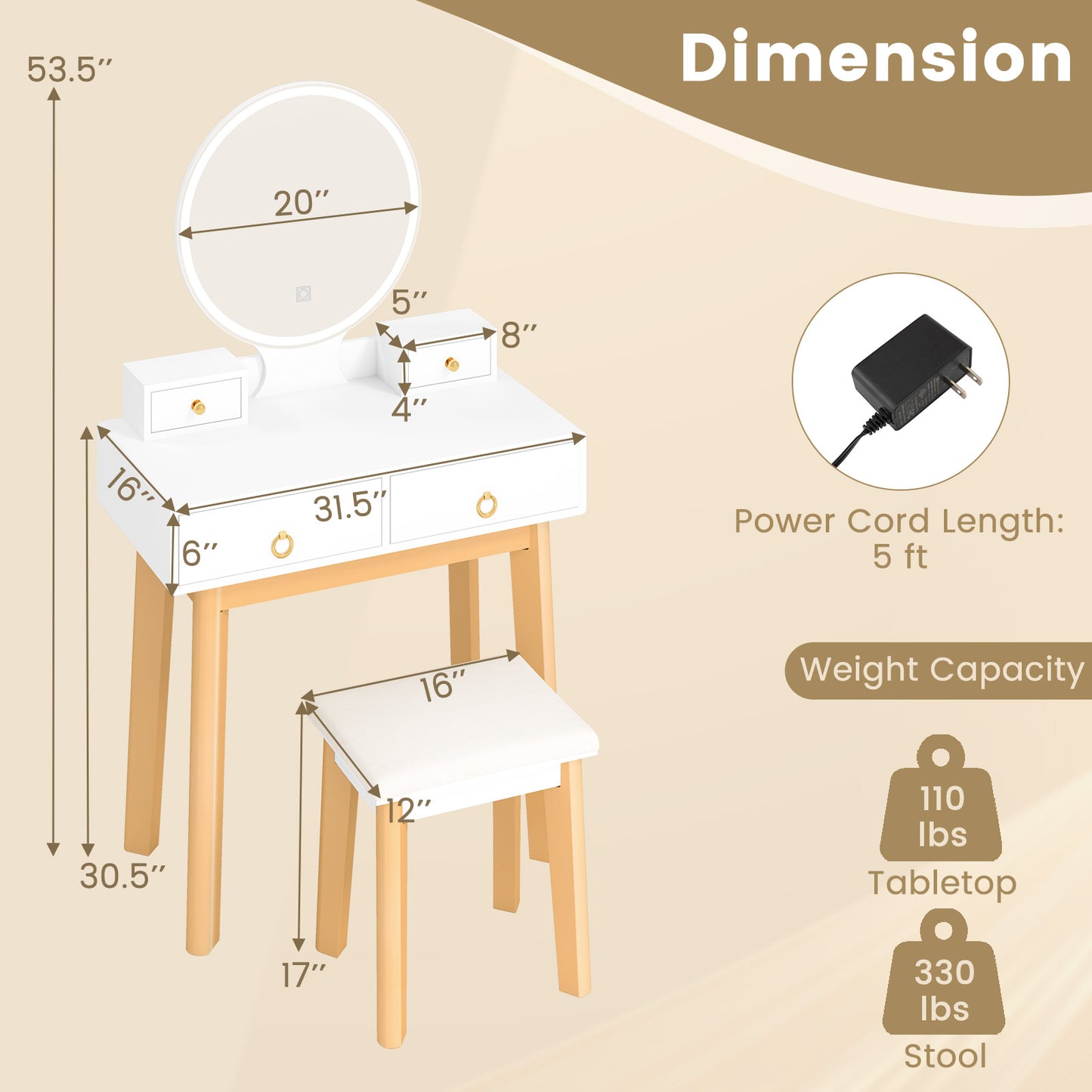 Topbuy Vanity Desk Set with Lighted Mirror Dressing Table with 3-Color LED Lights