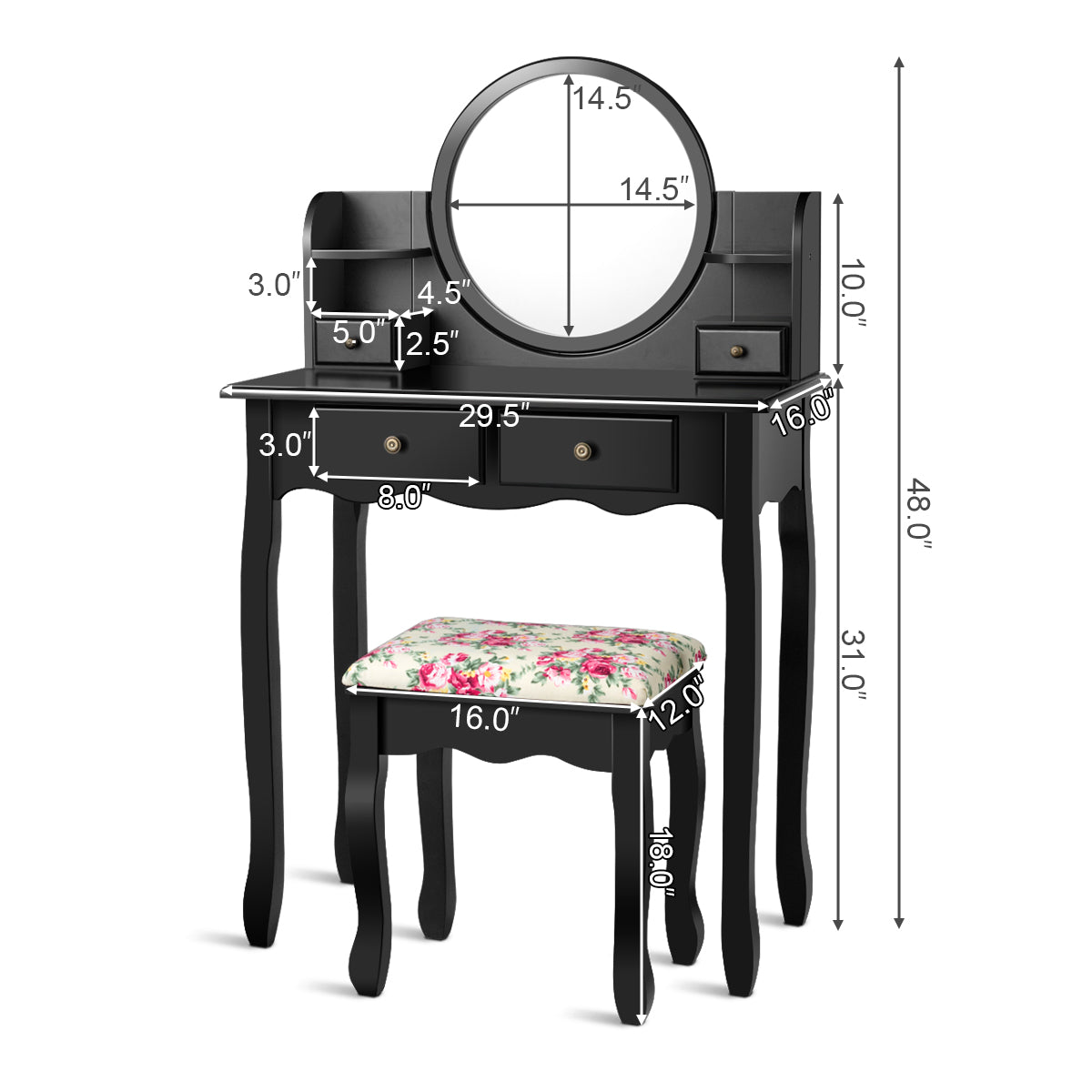 Topbuy Vanity Table Set w/Detachable Mirror & Stool