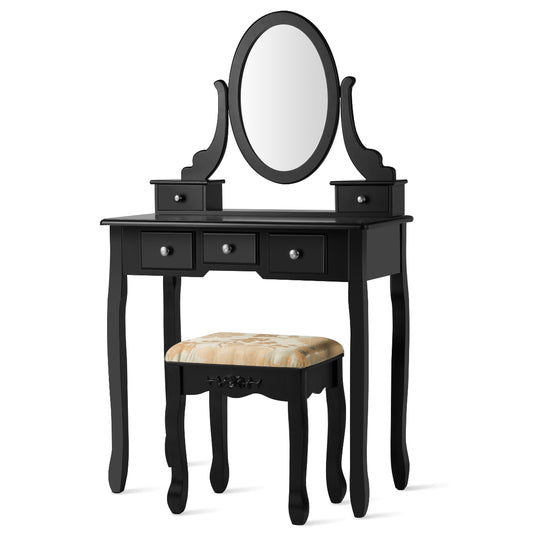 Topbuy Vanity Table Set w/ 360?? Rotating Oval Mirror & Drawers Black