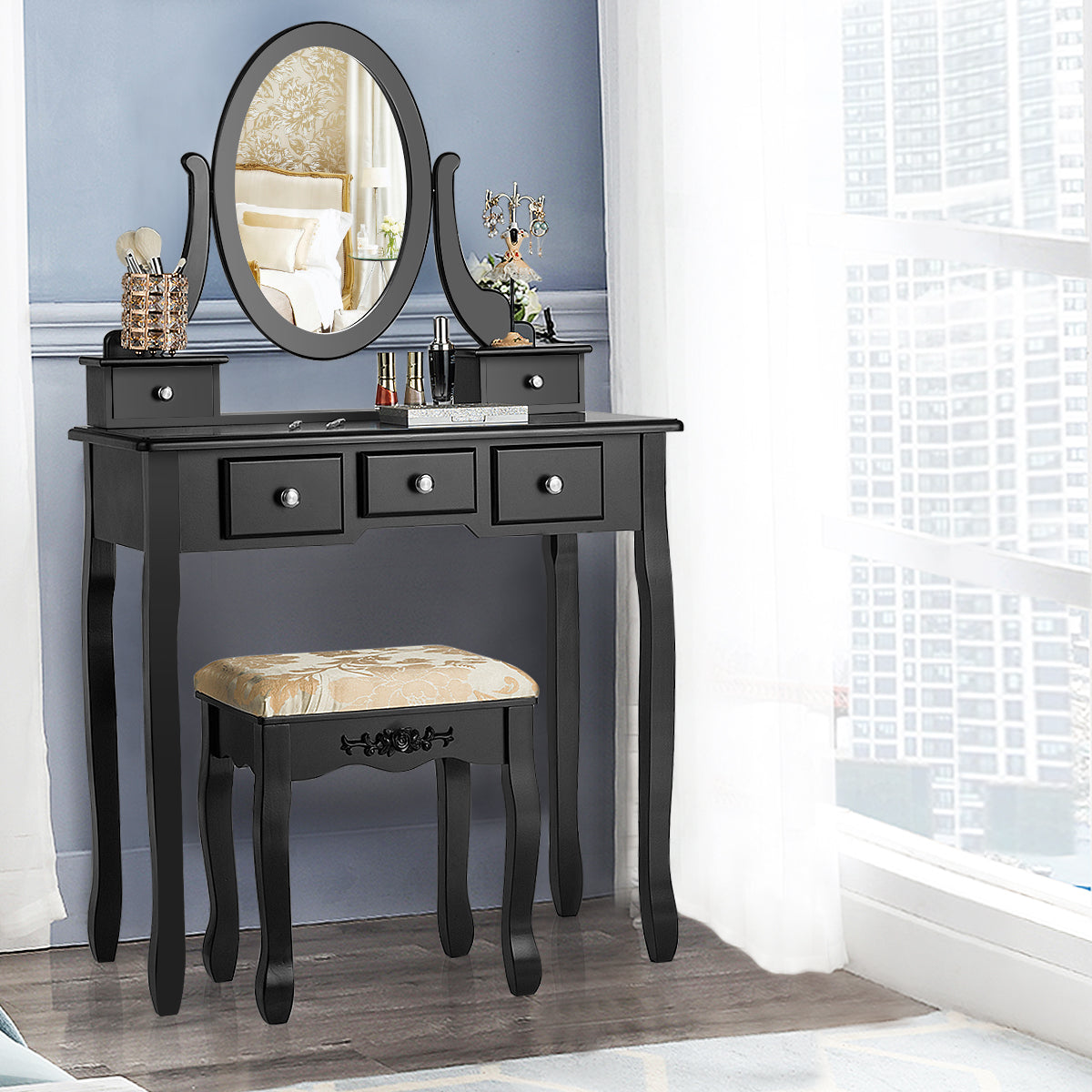 Topbuy Vanity Table Set w/ 360?? Rotating Oval Mirror & Drawers Black
