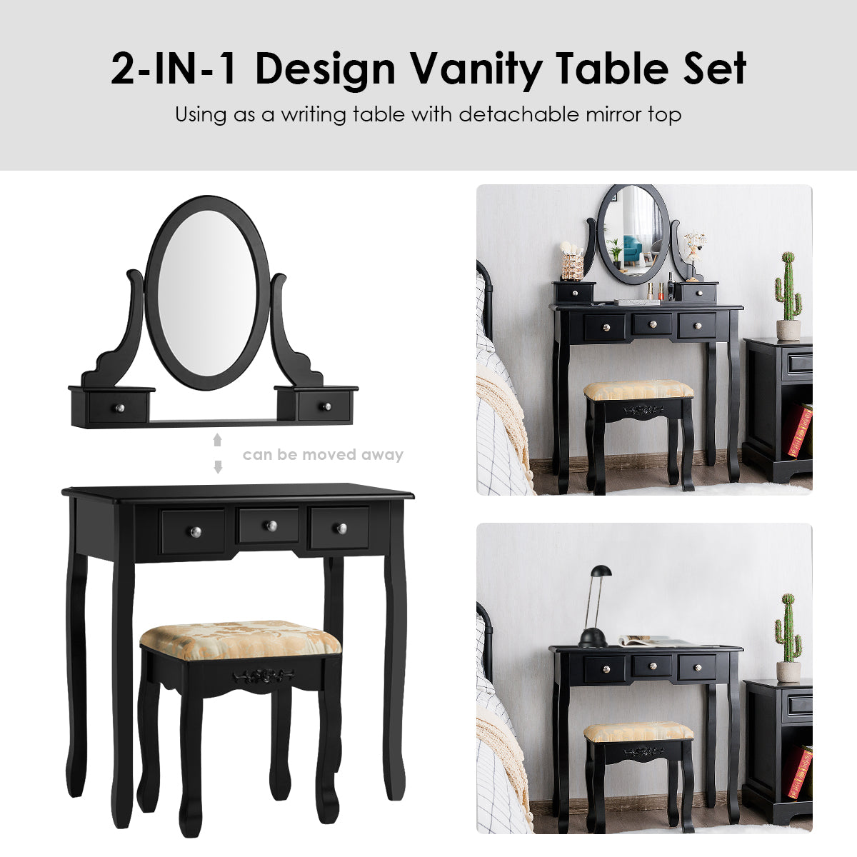 Topbuy Vanity Table Set w/ 360?? Rotating Oval Mirror & Drawers Black