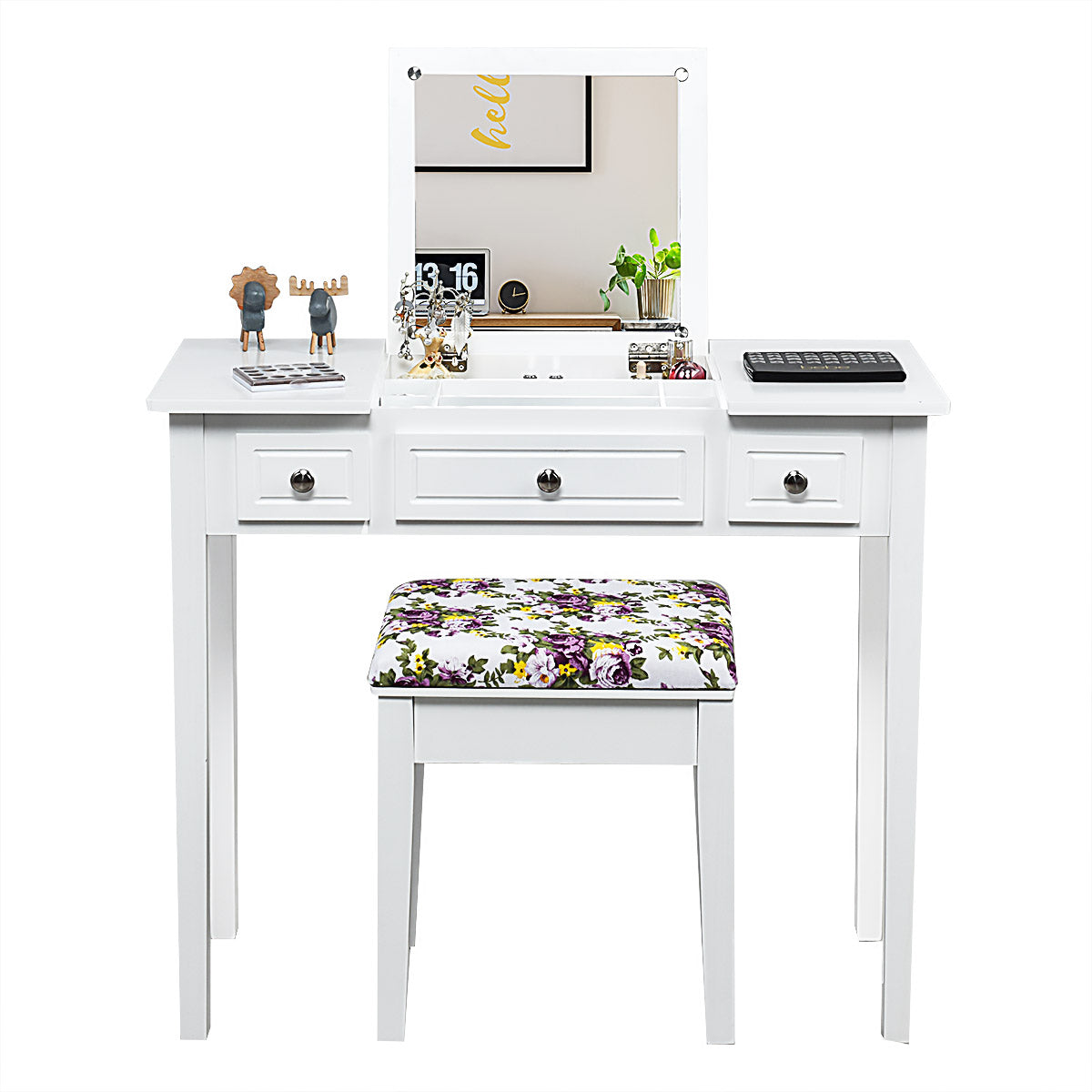 Topbuy Makeup Table Set w/Cushioned Stool for Girl Women Vanity Dressing Table Set White