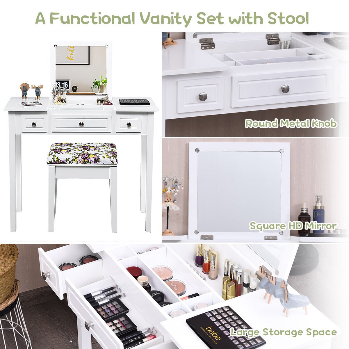 Topbuy Makeup Table Set w/Cushioned Stool for Girl Women Vanity Dressing Table Set White