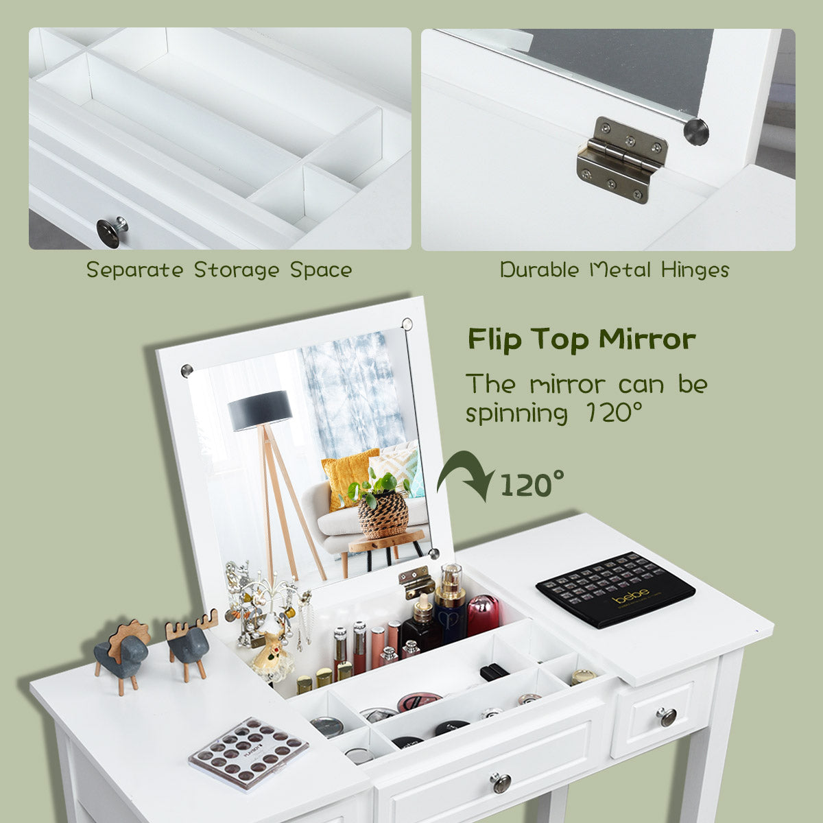 Topbuy Makeup Table Set w/Cushioned Stool for Girl Women Vanity Dressing Table Set White