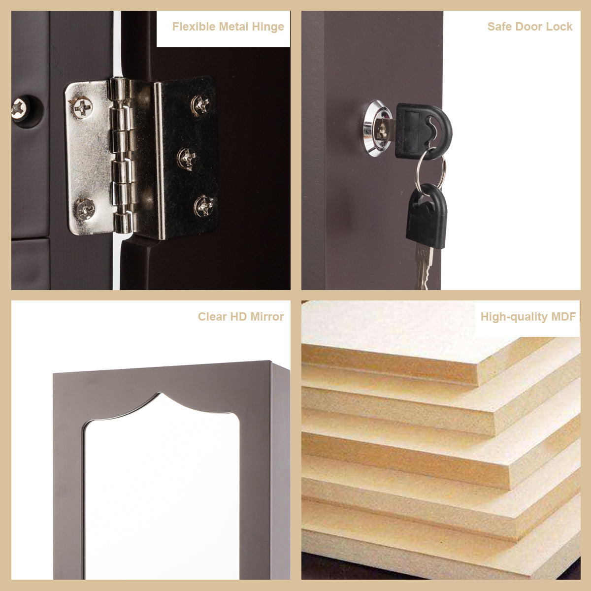 Topbuy Lockable Wall Mounted Jewelry Armoire w/Mirror & LED Lights