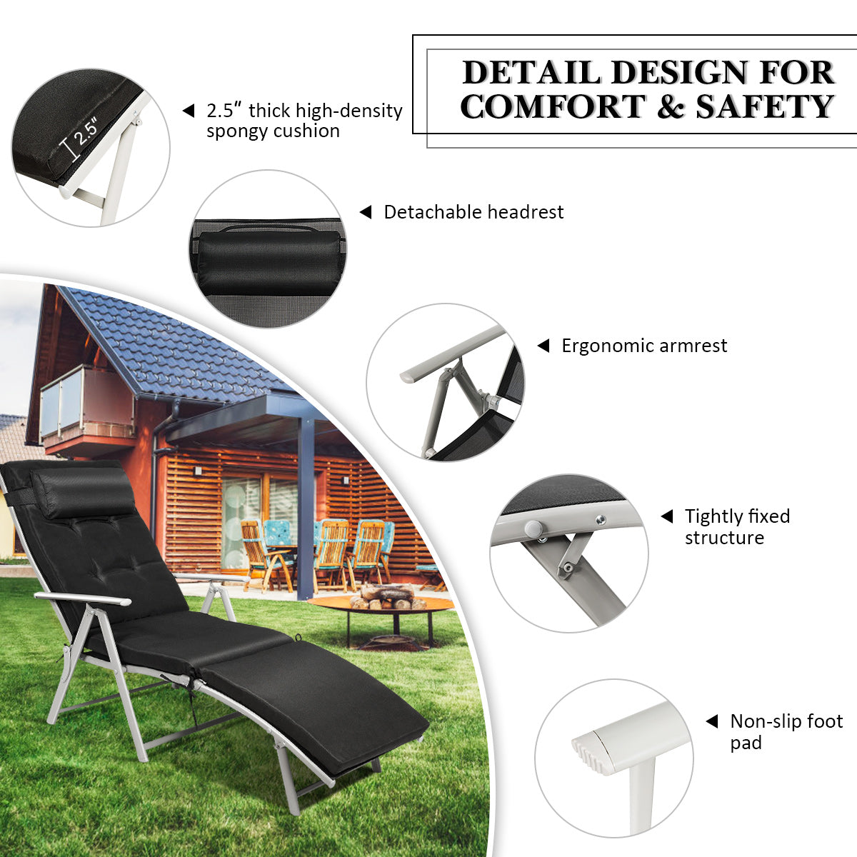 Topbuy Cushioned Folding Chaise Lounge Chair Adjustable Recliner