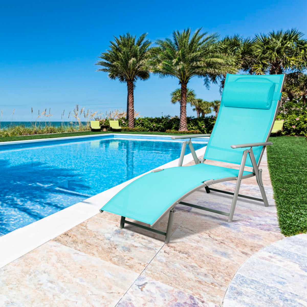 Topbuy Cushioned Folding Chaise Lounge Chair Adjustable Recliner Turquoise