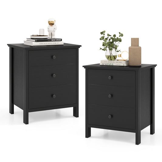 Topbuy 3-Drawer Nightstand Set of 2 Modern Accent Bedside Table With 3 Drawers & Solid Legs Black