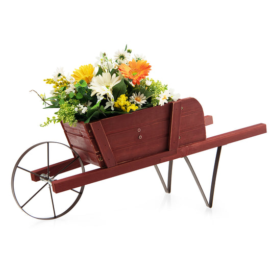 Topbuy Flower Pot Wheelbarrow Planter Solid Pine Wood Wagon Planter w/ Triangular Metal Support 2 Energy-saving Handles Movable Whee