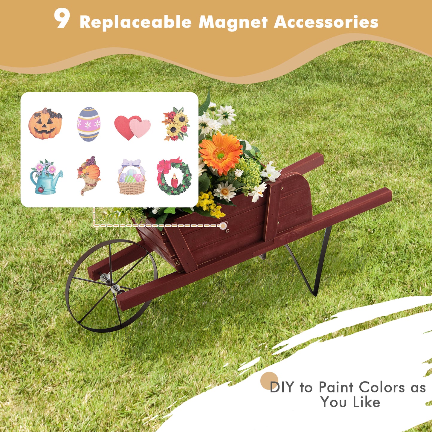 Topbuy Flower Pot Wheelbarrow Planter Solid Pine Wood Wagon Planter w/ Triangular Metal Support 2 Energy-saving Handles Movable Whee