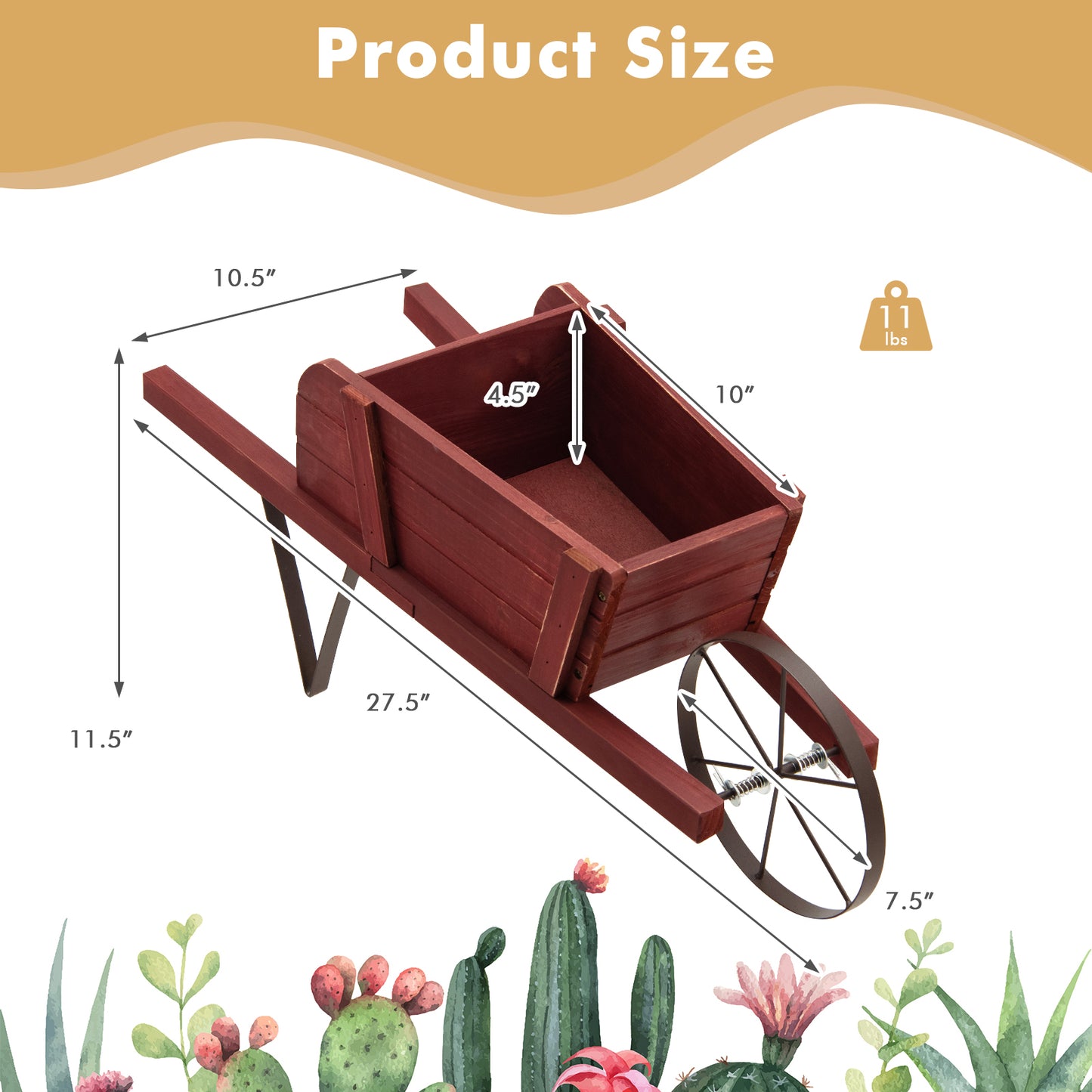 Topbuy Flower Pot Wheelbarrow Planter Solid Pine Wood Wagon Planter w/ Triangular Metal Support 2 Energy-saving Handles Movable Whee