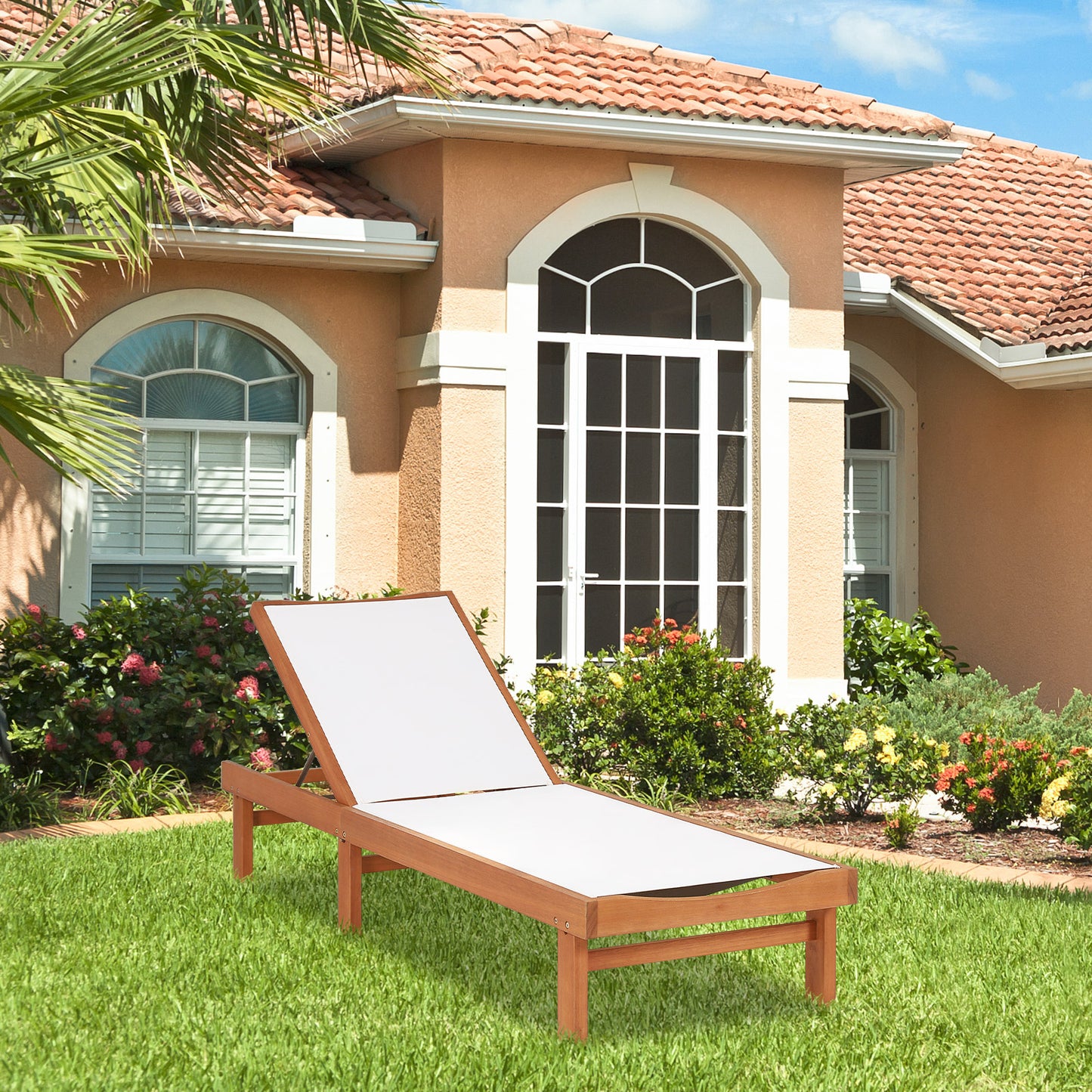 Topbuy Outdoor Chaise Lounge Chair, Eucalyptus Wood Recliner w/ 5-Level Backrest, Breathable & Quick Drying Seat Fabric