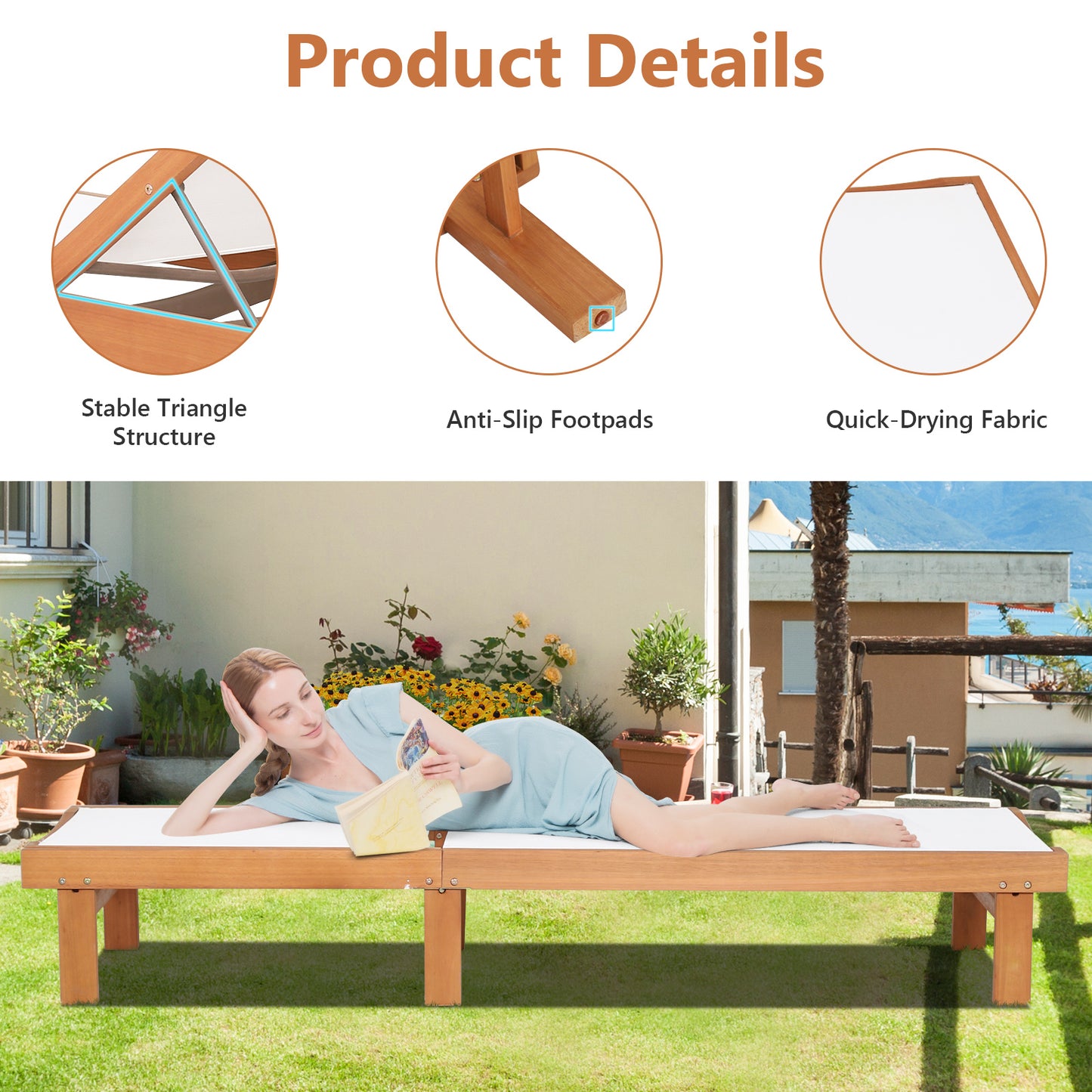 Topbuy Outdoor Chaise Lounge Chair, Eucalyptus Wood Recliner w/ 5-Level Backrest, Breathable & Quick Drying Seat Fabric