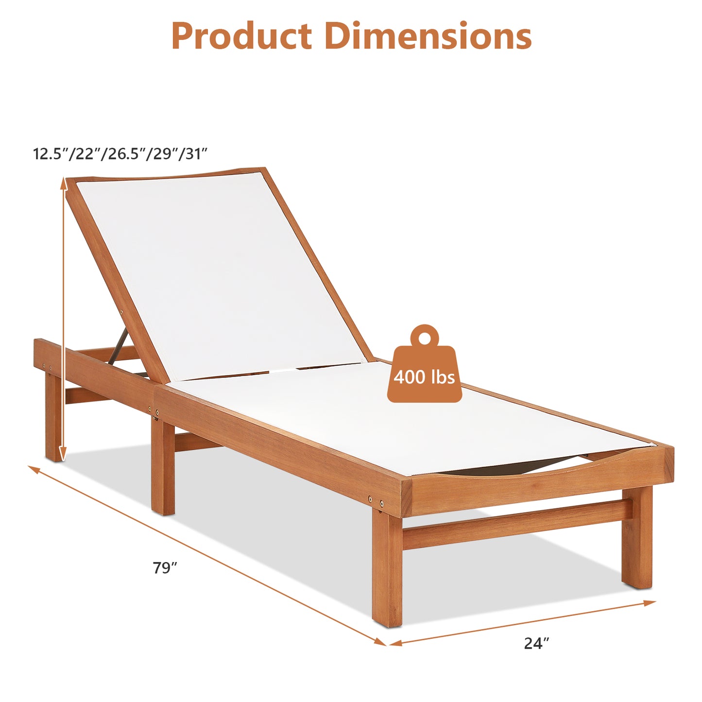 Topbuy Outdoor Chaise Lounge Chair, Eucalyptus Wood Recliner w/ 5-Level Backrest, Breathable & Quick Drying Seat Fabric
