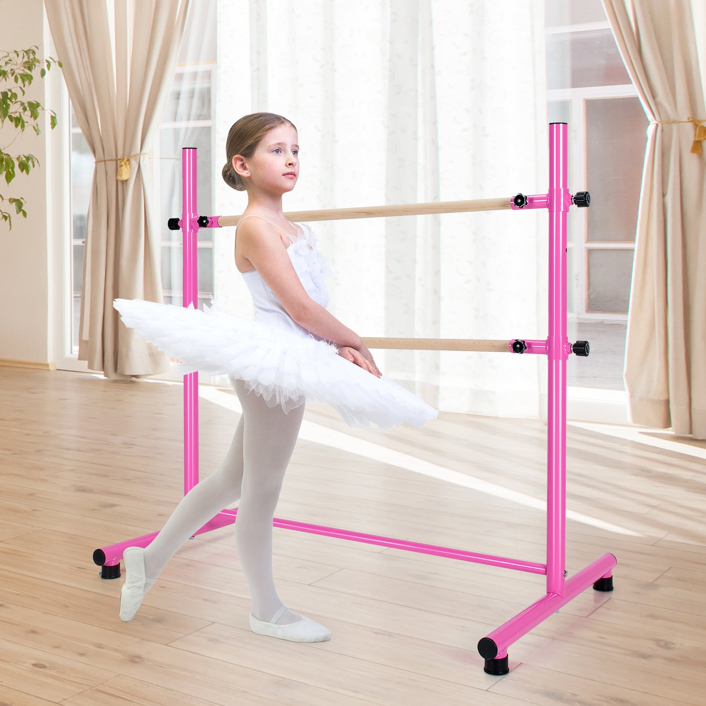 Patiojoy Double Ballet Barre Freestanding Adjustable Dancing Barre Beech Wood Ballet Bar with Anti-Slip Footpads 5 Adjustable Heights
