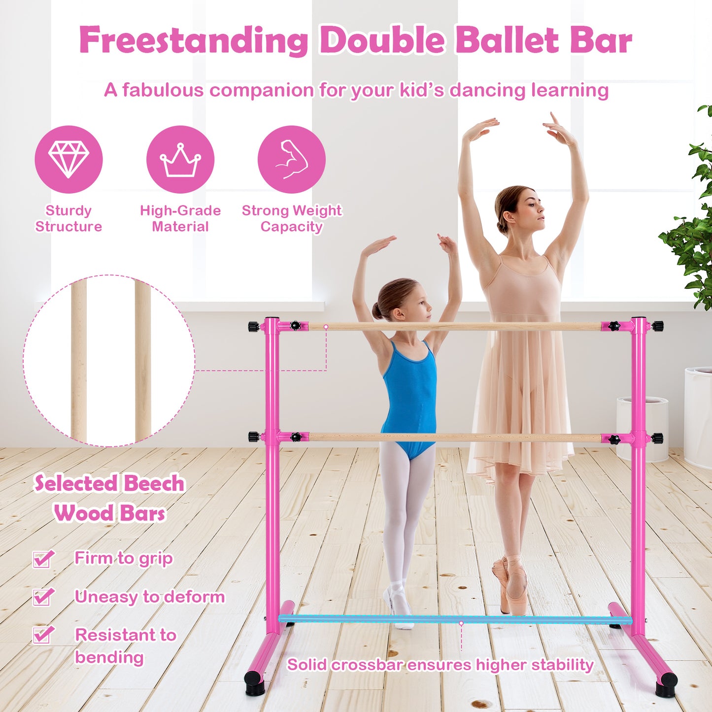 Patiojoy Double Ballet Barre Freestanding Adjustable Dancing Barre Beech Wood Ballet Bar with Anti-Slip Footpads 5 Adjustable Heights