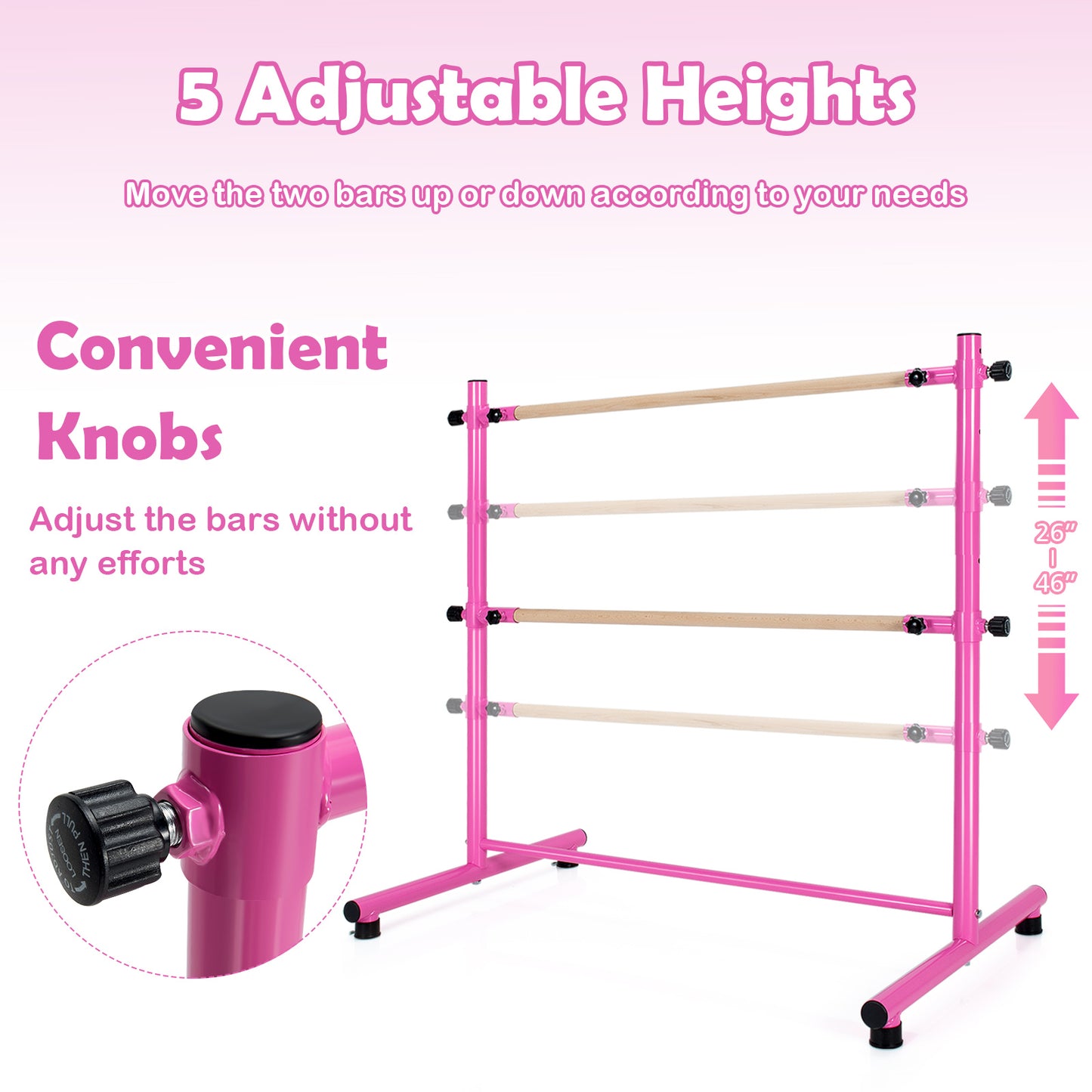 Patiojoy Double Ballet Barre Freestanding Adjustable Dancing Barre Beech Wood Ballet Bar with Anti-Slip Footpads 5 Adjustable Heights