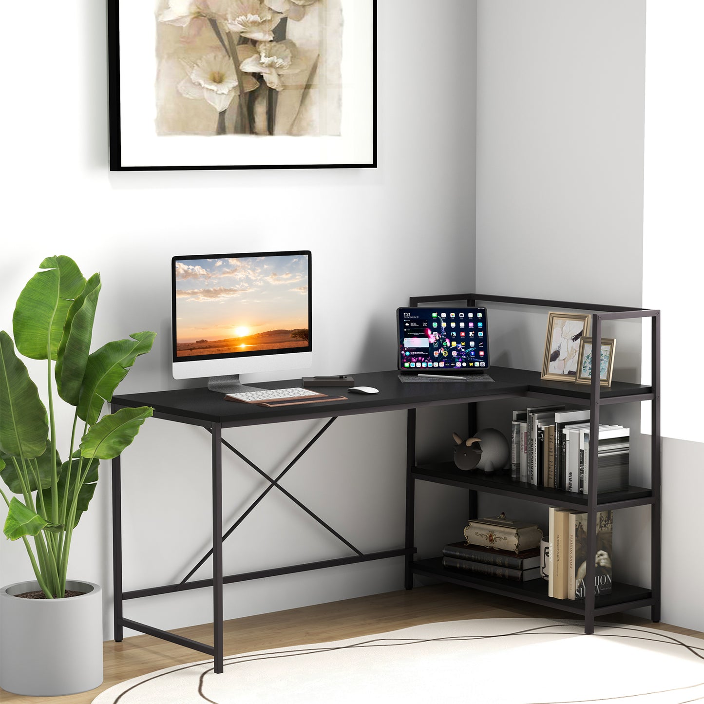 Patiojoy L-Shaped Computer Desk Large Reversible Corner Desk with Open Storage Shelves PC Laptop Gaming Desk