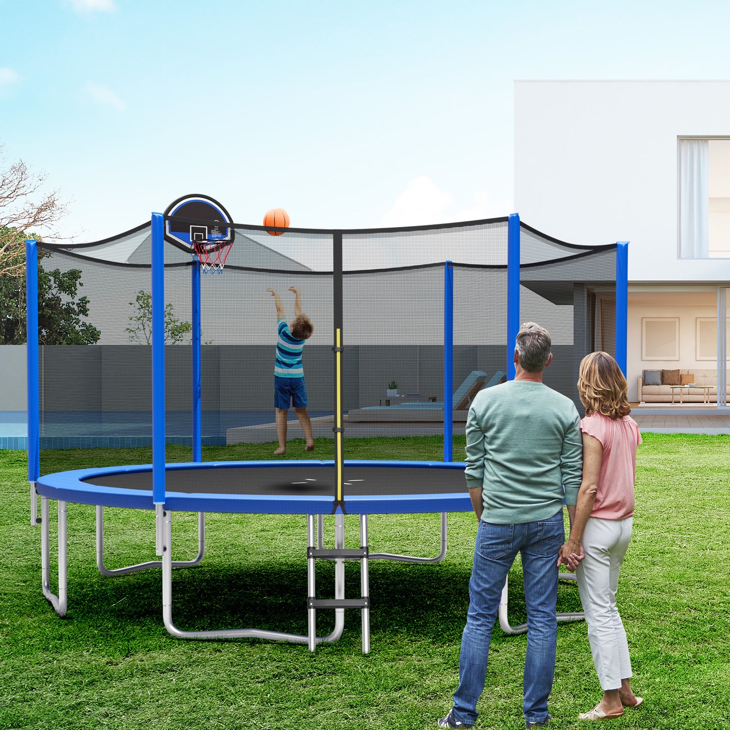 Patiojoy Trampoline with Basketball Hoop Outdoor Recreational Trampoline with Enclosure Net and Ladder