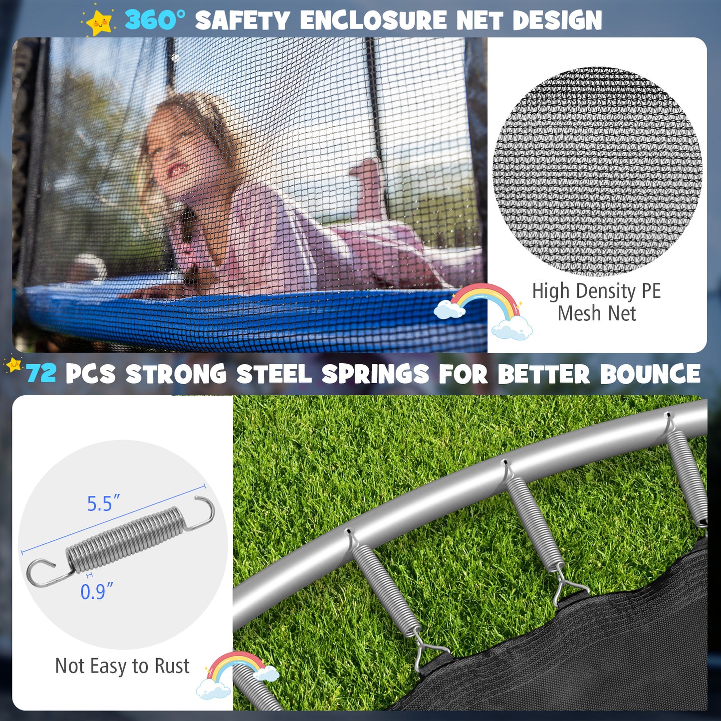 Patiojoy Trampoline with Basketball Hoop Outdoor Recreational Trampoline with Enclosure Net and Ladder