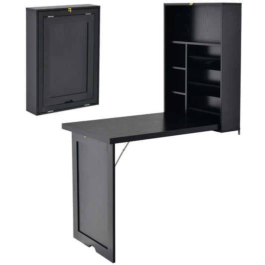 Topbuy Folding Wall-Mounted Desk Convertible Computer Desk Floating Desk Storage Bookcases Adjustable Shelves Black