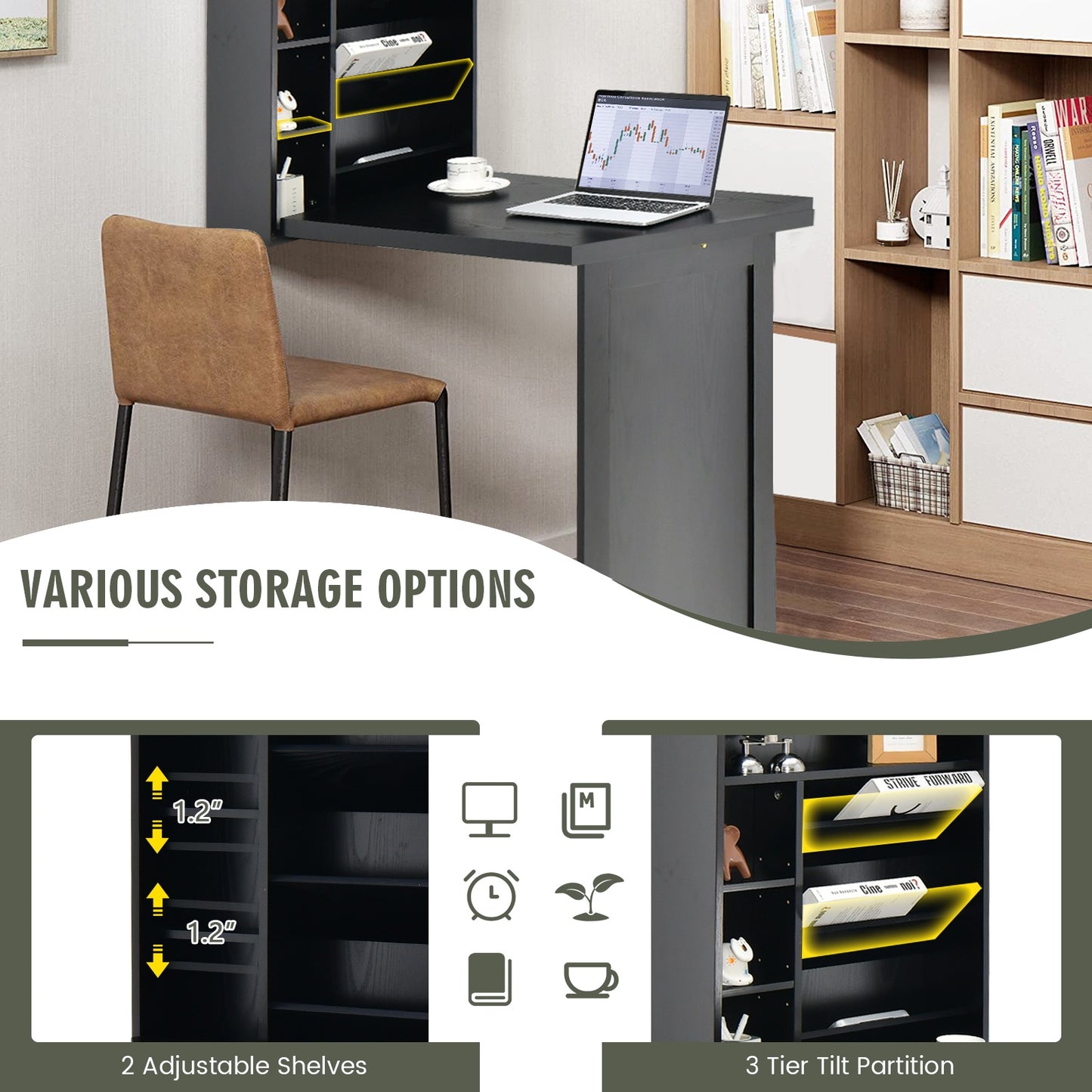 Topbuy Folding Wall-Mounted Desk Convertible Computer Desk Floating Desk Storage Bookcases Adjustable Shelves Black