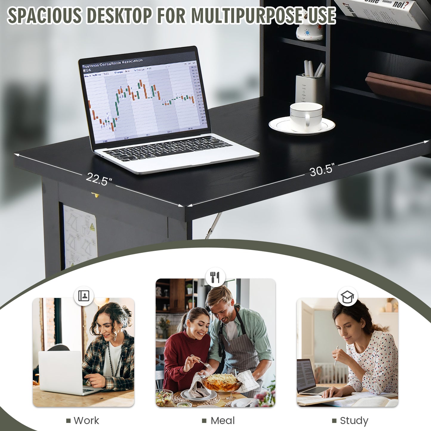 Topbuy Folding Wall-Mounted Desk Convertible Computer Desk Floating Desk Storage Bookcases Adjustable Shelves Black