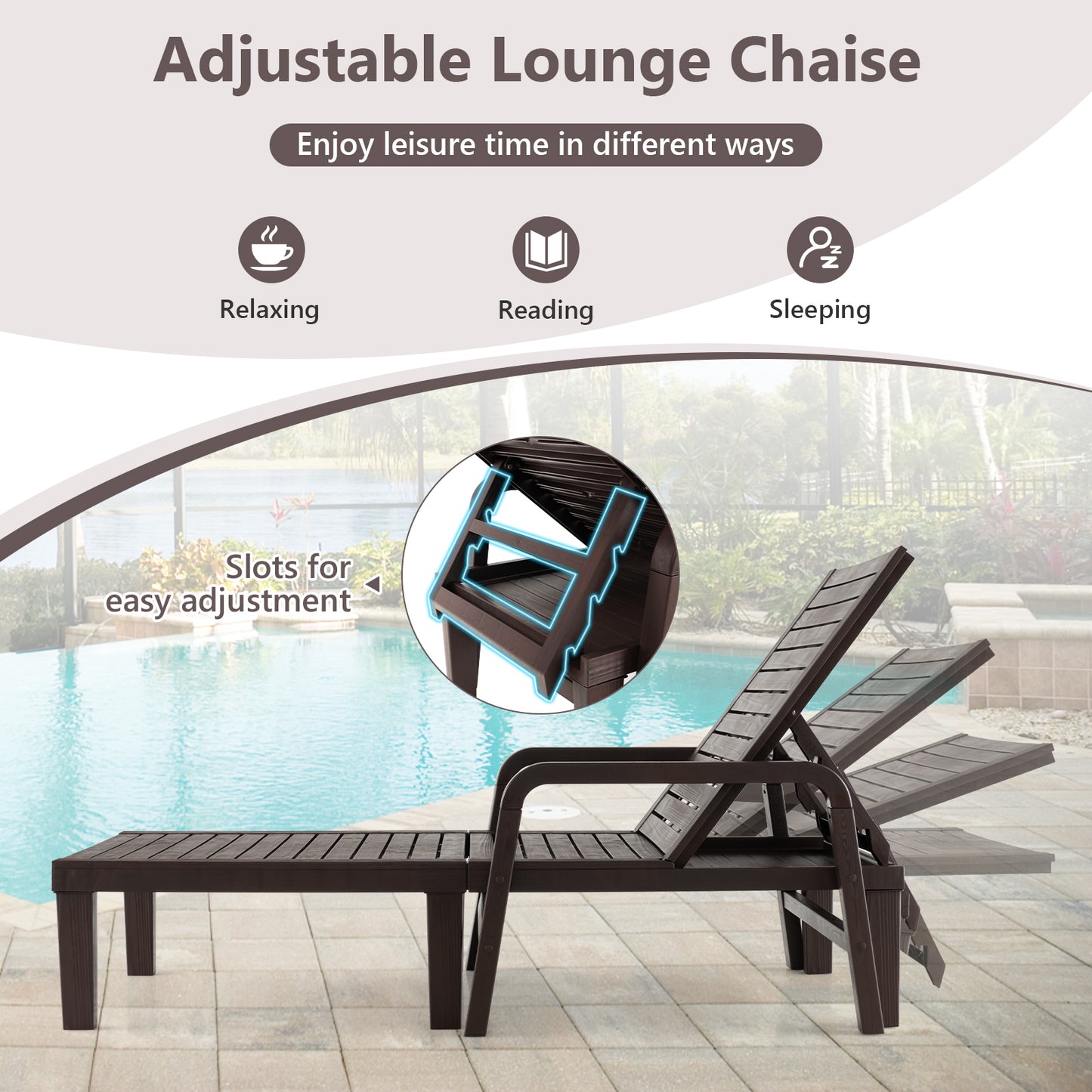 Patiojoy Patio Chaise Lounge Chair Outdoor Recliner Chair with 4-Position Adjustable Backrest Curved Armrests All Weather PP Lounge Chair