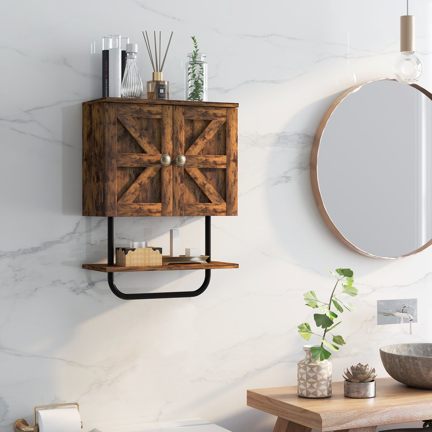 Patiojoy Bathroom Wall Cabinet Wall-Mounted Medicine Cabinet with Double Doors Open Shelf and Towel Rack