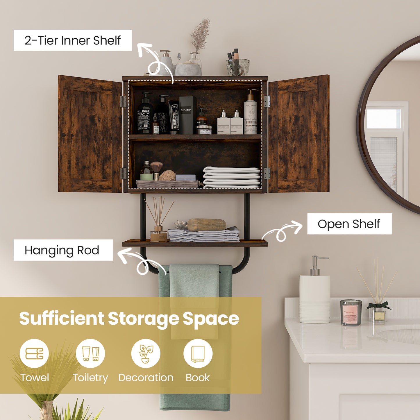 Patiojoy Bathroom Wall Cabinet Wall-Mounted Medicine Cabinet with Double Doors Open Shelf and Towel Rack