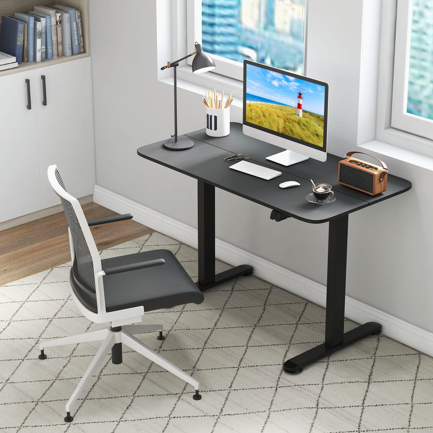 Patiojoy Height Adjustable Electric Desk Sit to Stand Desk with Splice Board Sturdy T-Shaped Metal Bracket Cable Management Hole