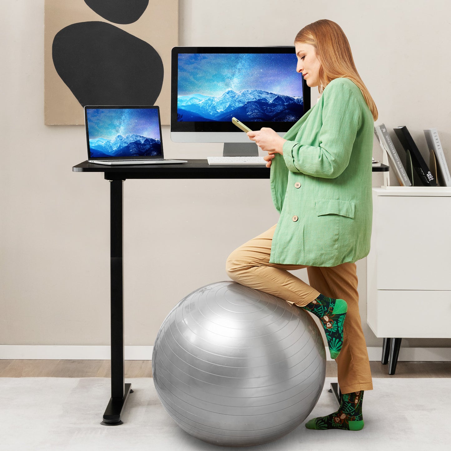 Patiojoy Height Adjustable Electric Desk Sit to Stand Desk with Splice Board Sturdy T-Shaped Metal Bracket Cable Management Hole