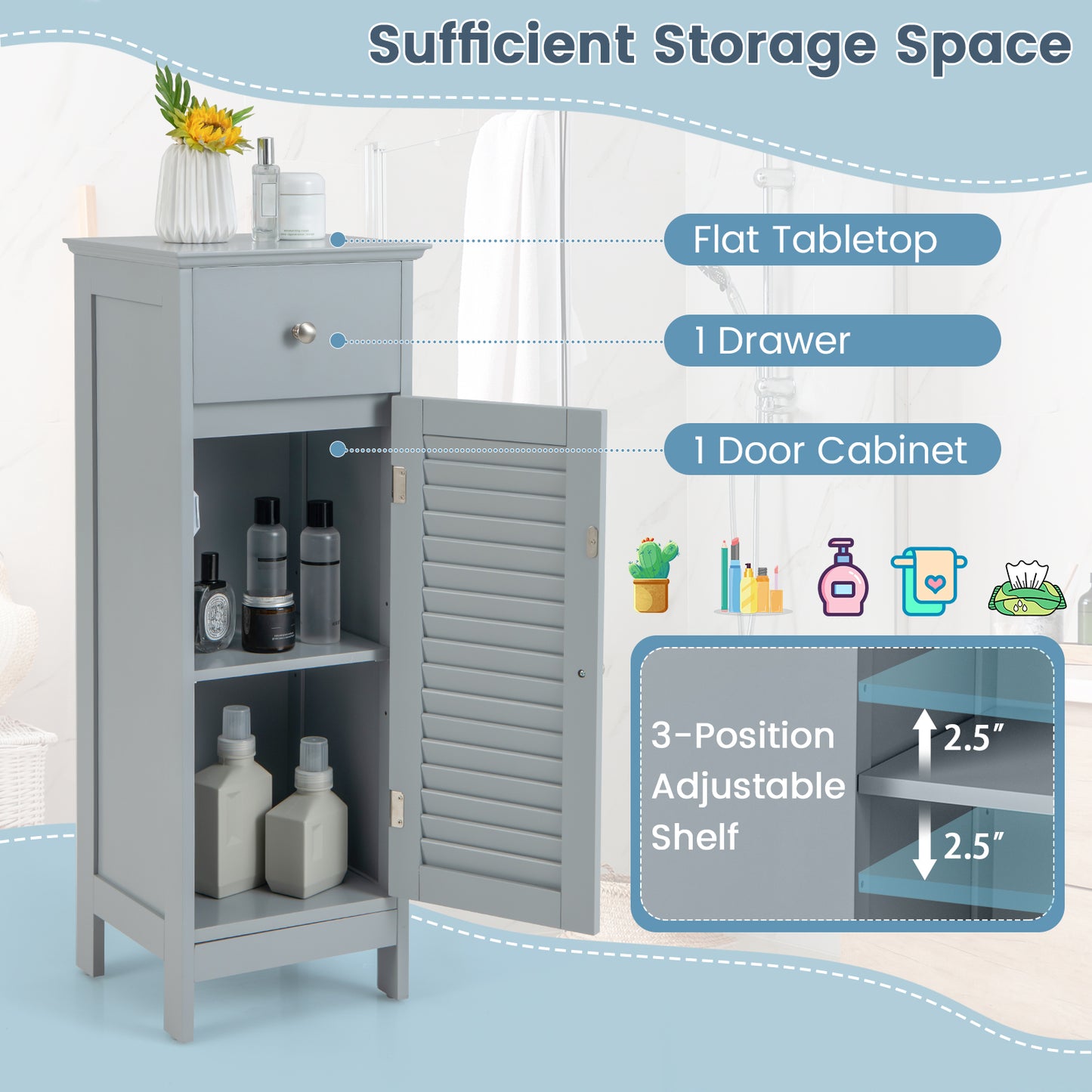 Patiojoy Single Door Bathroom Floor Cabinet Freestanding Storage Organizer Unit with Adjustable Shelf Multifunctional Storage Cabinet