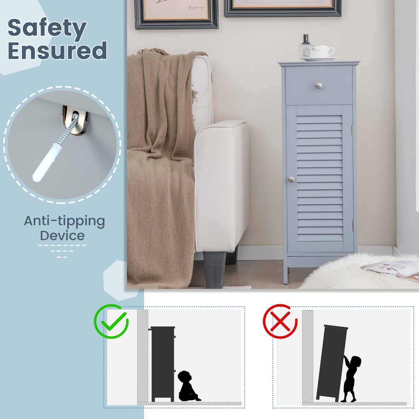 Patiojoy Single Door Bathroom Floor Cabinet Freestanding Storage Organizer Unit with Adjustable Shelf Multifunctional Storage Cabinet