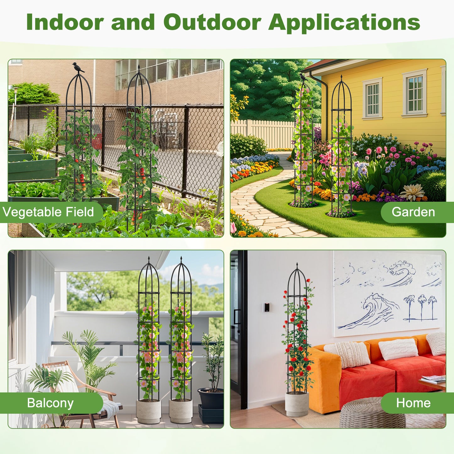 Topbuy 2PCS Garden Obelisk Trellis for Climbing Plants 78” Rustproof PE-Coated Metal Flower Trellis w/ Adjustable Height