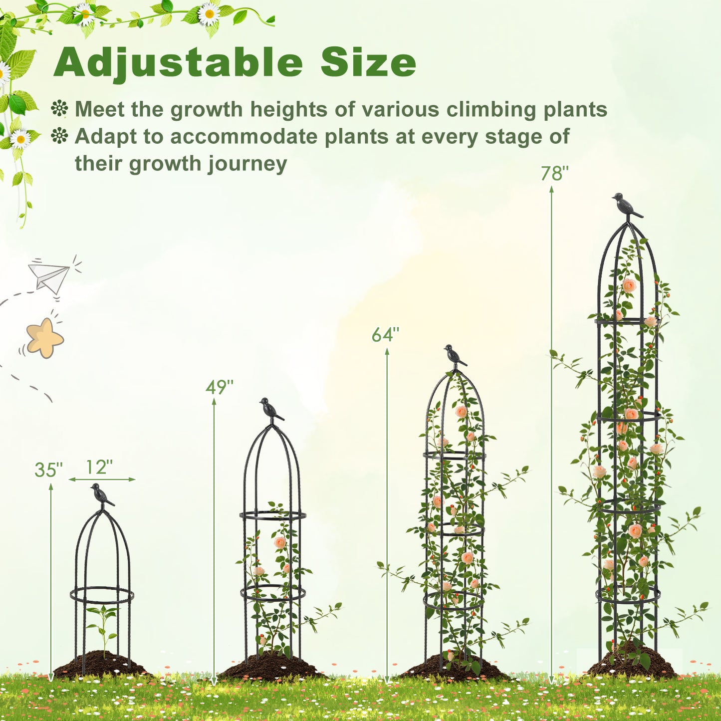 Topbuy 2PCS Garden Obelisk Trellis for Climbing Plants 78” Rustproof PE-Coated Metal Flower Trellis w/ Adjustable Height