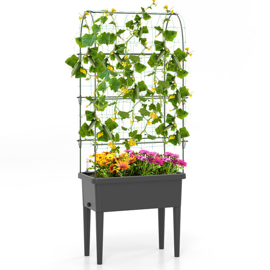 Topbuy Raised Garden Bed with Trellis Self-Watering Planter Bed with Water Level Observer Drainage Holes Climbing Net & Detachable Legs