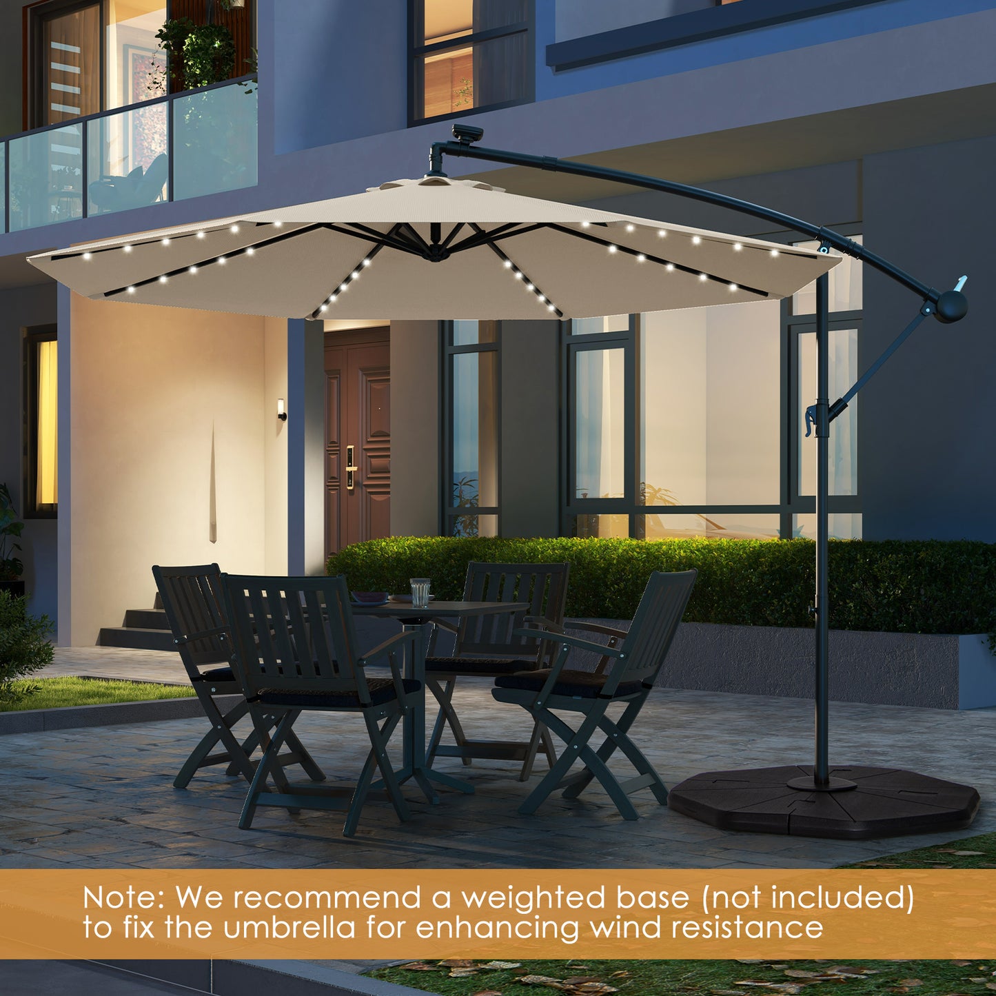 Topbuy 10 FT Solar Offset Hanging Umbrella w/ 40 Lamp Beads  Solar Panel Easy Tilt Adjustment Lighted Patio Cantilever Umbrella Beige