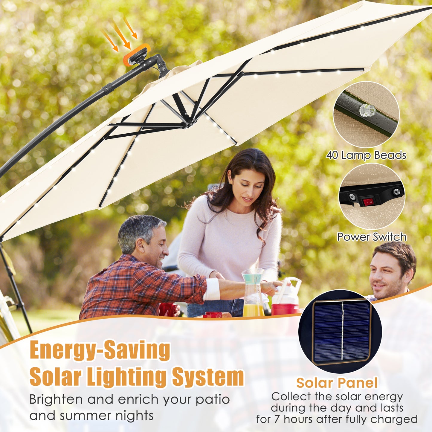 Topbuy 10 FT Solar Offset Hanging Umbrella w/ 40 Lamp Beads  Solar Panel Easy Tilt Adjustment Lighted Patio Cantilever Umbrella Beige