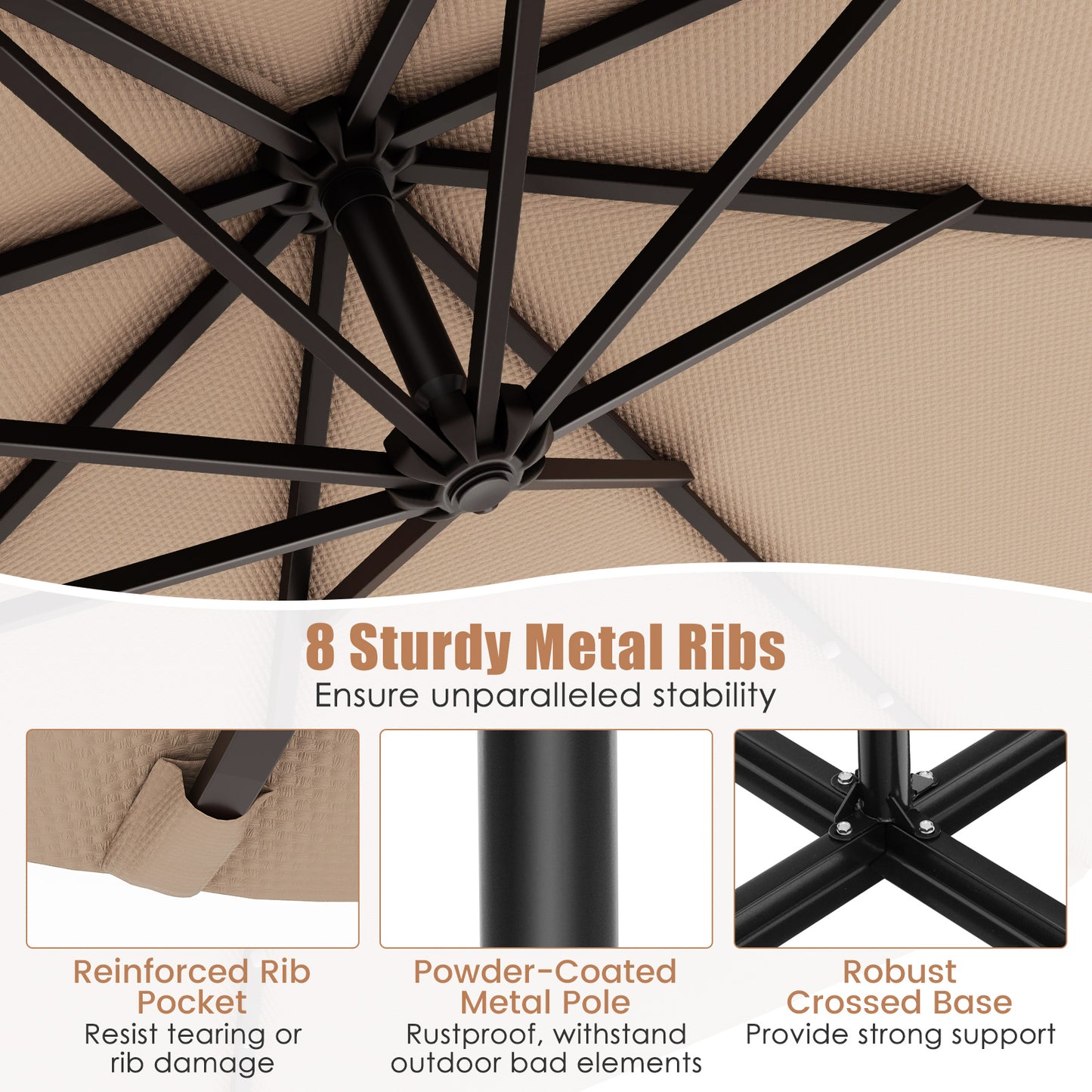 Topbuy 10 FT Solar Offset Hanging Umbrella w/ 40 Lamp Beads  Solar Panel Easy Tilt Adjustment Lighted Patio Cantilever Umbrella Tan